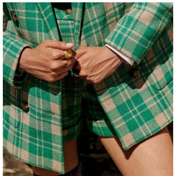 SEZANE Sz 46 14 Green Tan Check Plaid Wool Michele Jacket Blazer - Picture 11 of 12